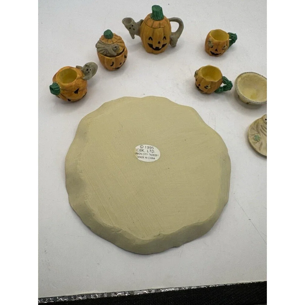 Vintage MINIATURE Decorative Halloween Jack O Lantern JOL & Ghost Tea Set